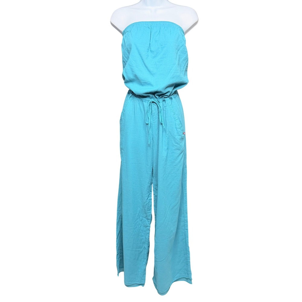 Hard Tail Forever Jumpsuit S Turquoise Strapless Drawstring Wide Leg Cotton Y2K